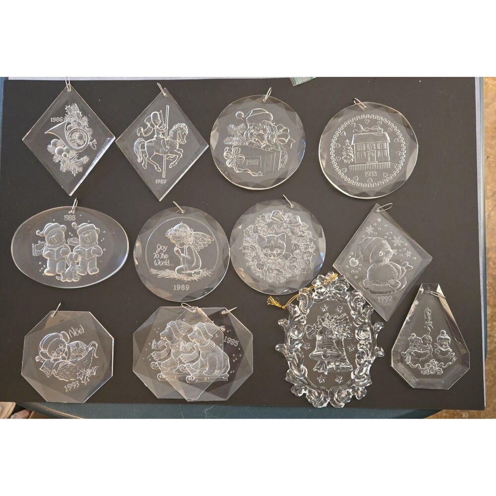 13 Vintage 1980s - 90s  Acrylic (Clear) Etched Ornaments